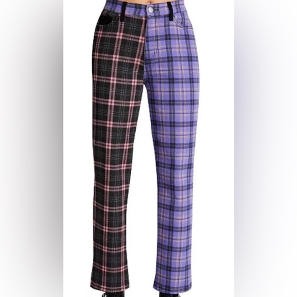 MADDEN GIRL purple Mixed-Plaid beetlejuiceStraight-Leg Dad Jeans size 28 new - Picture 2 of 4
